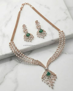 Luxury Bridal Diamond <b>Necklace</b> Set with Matching Earrings and Green Drop Pendant in Rose Gold, Elegant Wedding <b>Statement</b> Jewelry - Product Image 3
