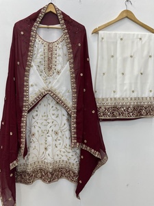 ชุดสาหรี่กะมีซปักลายฉลุหนักสไตล์โมเดิร์นสำหรับงานอีด  ผ้าจอร์เจตต์  ประกอบด้วยเสื้อท่อนบน กางเกงพลัซโซ และผ้าคลุมไหล่  แฟชั่นจาก FATEMA - Product Image 6