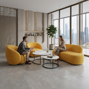 Conjunto de sofá amarillo moderno con una mesa de centro redonda hecha de madera de pino americano para salas de estar contemporáneas y elegantes. - Product Image 3