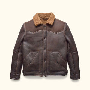 Men Beige Shearling Collar <b>Leather</b> Jacket Winter Warm Snap Button Genuine <b>Leather</b> Workwear <b>Coat</b> OEM Wholesale - Product Image 1