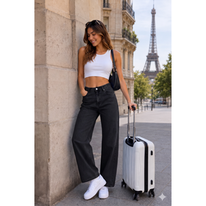 Jean en denim tricoté 100 % coton pour femme, taille mi-haute, avec logo brodé et poche arrière style délavé foncé - Product Image 1