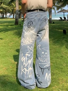 Jeans graffiti tendance pour hommes et femmes, style streetwear américain, amples et cool, pantalons en denim à jambes larges uniques, marque privée - Product Image 5