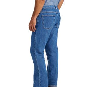 Jean en denim délavé coupe droite taille haute pour homme 100 % coton décontracté bleu avec braguette boutonnée en toile mi-lourde - Product Image 3