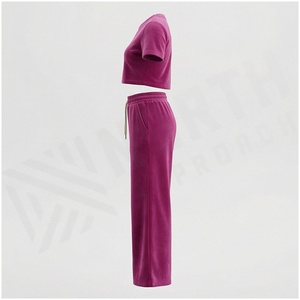 Conjunto Deportivo de 2 Piezas para Mujer, Color Sólido, Camiseta Corta, Pantalones Anchos, Cuello Redondo, Manga Corta, Cintura con Cordón, Ropa Casual - Product Image 3