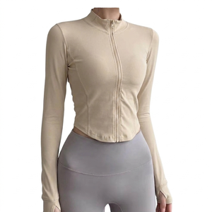 Haut de yoga à col montant, manches longues, fermeture éclair, coupe courte, anti-transpiration, confortable, pour femmes, à prix avantageux. - Product Image 1