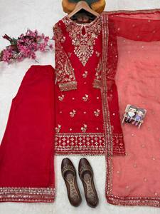 Ensemble de kurta brodée rouge pour femmes avec travail au fil doré, longueur cheville, tenue traditionnelle indienne pakistanaise, toutes saisons - Product Image 2