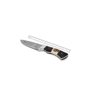 Cuchillo de Caza de Acero de Damasco Hecho a Mano Personalizado, Hoja Recta con Punta Caída y Mango de Asta de Ciervo, Funda de Cuero OEM - Product Image 2