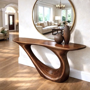 Meuble d'entrée moderne pour maison/hôtel, console en bois massif brun, base irrégulière en forme de vague, plateau noir artisanal - Product Image 3