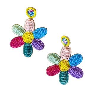 Multi flower Designer Beaded Earrings for Women Patriotic <b>Memorial</b> Day Orange White Blue Colour Fabric Material - Product Image 1