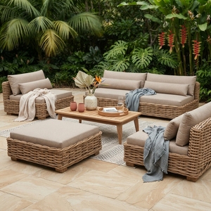 Outdoor <b>Rattan</b> Woven <b>Sofa</b> Set Mahogany Wood Frame Wicker Furniture Cushion Lounge Chair <b>Sofa</b> Coffee Table Setup Art Design - Product Image 2