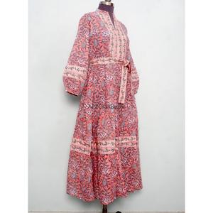 Vestido Maxi Casual Elegante Vintage de Algodón con Estampado Floral y Manga Abullonada con Cuello en V para Mujer, Ajuste Holgado, Transpirable, Venta al por Mayor - Product Image 5
