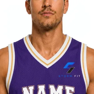 Camiseta de Baloncesto Personalizada para Hombre, Color Morado, Cuello en V, Sin Mangas, Impresión Sublimada, Equipo 09, Malla Transpirable, Corte Regular, 100% Poliéster - Product Image 4