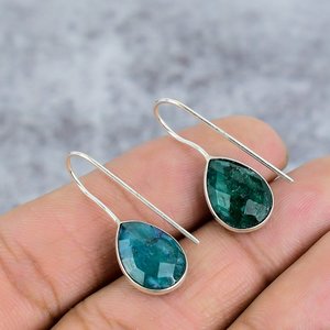 Emerald Pear Cut Gemstone 925 <b>Sterling</b> <b>Silver</b> Handmade Bezel Setting Trendy Earrings for Women - Product Image 4