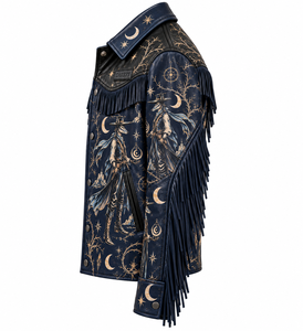 Veste en cuir à franges imprimée Cosmic Gunslinger pour homme, en cuir de vachette bleu marine, style western, fournisseur direct d'usine - Product Image 4