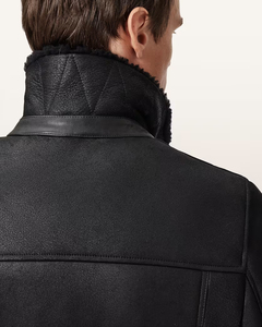 Chaqueta de Cuero Genuino para Hombre, Estilo Motero, con Cuello Alto, Cierre de Cremallera, Impermeable, Forro de Piel Sintética y Logotipo, Corte Regular para Invierno - Product Image 5