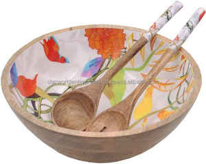 Cuenco de madera recubierto de esmalte de calidad de exportación de madera de mango de Acacia con juego de cuchara para utensilios de cocina de proveedor indio - Product Image 1