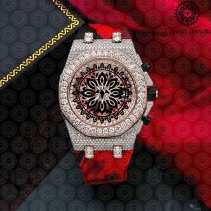 Charm Jewells Men's Luxury Stainless Steel Watch 43mm Polygon Case Diamond Encrusted Analog Quartz <b>Chronograph</b> Red Leather Band - Product Image 1