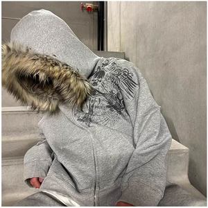 Sudadera con capucha y cremallera personalizada con gráfico Y2K, forro polar grueso de 400 g, estilo oversize de invierno con capucha de piel sintética, chaqueta streetwear para hombre - Product Image 2