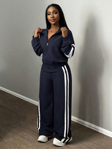 Conjunto deportivo para mujer, chándal ajustado de algodón y poliéster con chaqueta con cremallera, pantalones deportivos transpirables y elásticos para gimnasio, entrenamiento y deporte. - Product Image 5