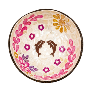 Cuenco de concha de coco hecho a mano al por mayor con mosaico floral rosa de pareja de delfines, decoración de vajilla. - Product Image 1