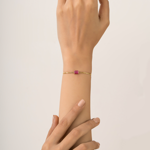 Minimal & Classic Style 7x5 mm Octagon Cut <b>Ruby</b> Single Stone Cuban Link Chain <b>Bracelet</b> Women's K14 Original Yellow Gold Jewelry - Product Image 4