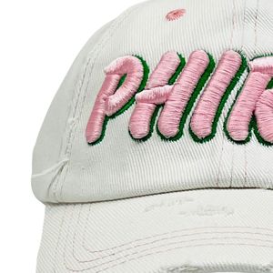 White Distressed Denim Baseball <b>Cap</b> with Pink Chenille Letter Patch Adjustable <b>Vintage</b> Casual Outdoor Fashion Unisex Hat Wear - Product Image 3