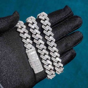 Collar de Cadena Cubana de Lujo con Moissanita de Corte Baguette Chapado en Rodio, Estilo Iced Out Hip Hop, Tono Plateado, Joyería de Declaración, Regalo - Product Image 3