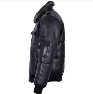 แจ็คเก็ตบอมเบอร์หนังแท้สำหรับผู้ชายสั่งทำพิเศษ หนังแกะแท้ กันลมและระบายอากาศได้ดี บุด้วยใยโพลีเอสเตอร์ สีดำ แจ็คเก็ตหนัง OEM - Product Image 2