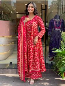Women's Red Cotton A-Line Traditional Ankle-Length <b>Kurti</b> with Pant & Dupatta Floral Print Loose Fit India Pakistan Style Diwali - Product Image 1