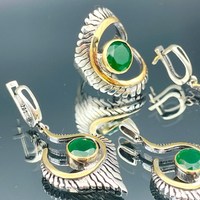 Conjunto de Joyería Religiosa de Turmalina Verde para Mujer, Chapado en Oro de 14K, Anillo, Aretes y Collar Otomanos, Regalo