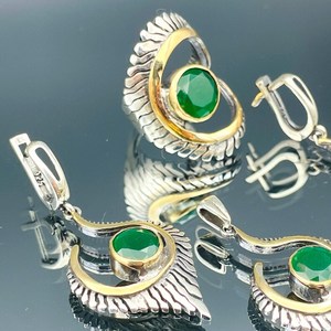 Ladies Green Tourmaline Sterling Silver 14K Gold Plated Jewelry Set Ottoman Boho Style Ring Earrings <b>Necklace</b> Gift - Product Image 1