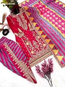 Ensemble indien traditionnel de qualité supérieure en Chinon avec broderie, travail de cordonnet et sequins, comprenant un haut, un Dhoti Salwar et un Dupatta - Fournisseur indien - Product Image 5