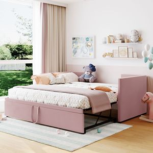 Divano letto estraibile singolo (Twin Size) rosa con design elegante e imbottitura in tessuto - Product Image 1