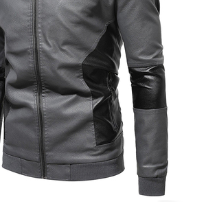 URBANGAZER Men's 100% Polyester Leather <b>Jacket</b> Stand Collar Covered Button <b>Patchwork</b> Design Windproof Breathable Thick - Product Image 5