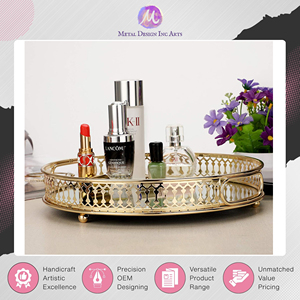 Leaders in Selling Top Notch Quality Home Decor Iron Glass Material Made Round Golden Metal <b>Mirror</b> Tray from India at Low Price - Product Image 4