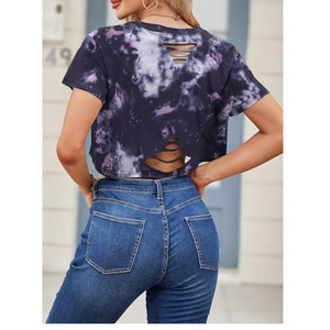 เสื้อยืดครอปคอวีผ้าเจอร์ซีย์ตาข่ายวินเทจไซส์ใหญ่สำหรับผู้หญิง ยี่ห้อ SILKZON INDUSTRY  แบบซับลิเมชั่น โพลีเอสเตอร์ 100% ขายส่งหลากสี - Product Image 6