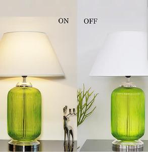 Modern Green Glass Table Lamp With White Fabric Drum Shade Soft Warm <b>Light</b> For Living Room Decorative <b>Lighting</b> - Product Image 3