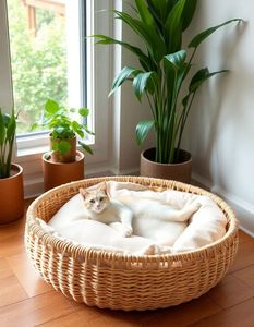 Lit pour animaux de compagnie en rotin naturel fait main, panier de couchage confortable tissé pour chats et petits chiens - Product Image 2