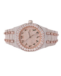 Montre de luxe classique à quartz sertie de diamants VVS Moissanite, bracelet blanc et rose, cadran rose, personnalisée style Hip Hop avec date - Product Image 1
