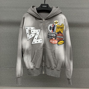 Sweat-shirts à capuche double avec fermeture éclair, broderie chenille personnalisée, logo et design, streetwear, effet délavé, unisexe - Product Image 1