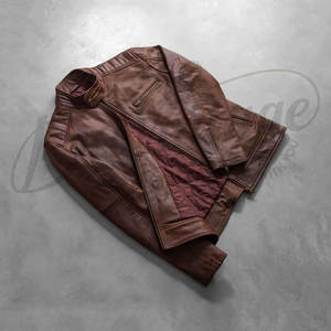 Chaqueta de Cuero Genuino Marrón Desgastado para Hombre - Chaqueta de Motero de Cuero Vacuno Auténtico Estilo Antiguo de Corte Ajustado para Hombre - Product Image 6