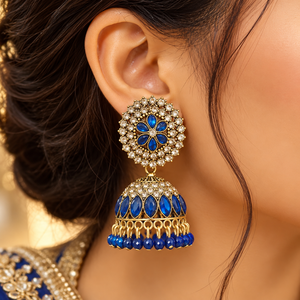 Pendientes Jhumka de Cristal Azul Zafiro Real Indio al por Mayor, Jhumki Colgantes Florales Chapados en Oro Antiguo para Mujer - Product Image 3