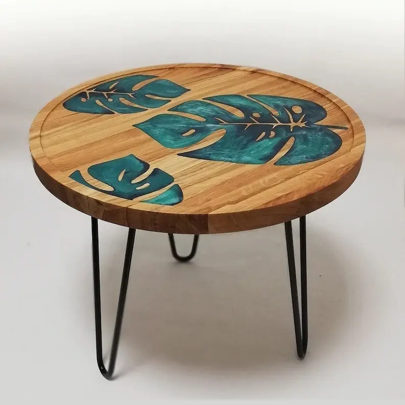 Kualitas tinggi desain daun epoksi biru atas meja kayu kustom dibuat Resin epoksi meja kopi kayu untuk dijual