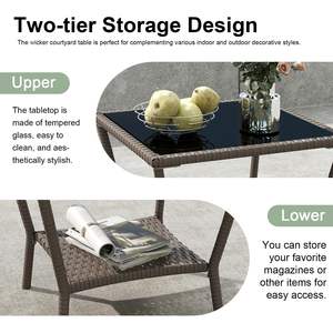 Table d'appoint compacte en rotin et métal durable avec étagère de rangement, table d'appoint carrée en PPL pour patio extérieur avec plateau en verre - Product Image 2