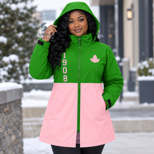Alpha |   Kapa |   Alpha Damen Grün-Rosa Kapuzen-Reißverschluss-Trenchcoat Bestickte Griechische Buchstaben Wasserdichter Reißverschluss-Anorak Mantel - Product Image 5