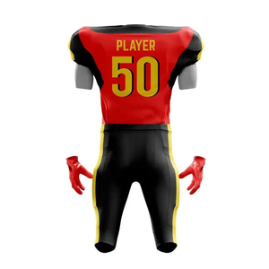 American Football Uniform Set Red Black Yellow 50 Sublimated Jersey Pants <b>Gloves</b> Men Adult Fitted Short Sleeve <b>Moisture</b> Wicking - Product Image 2