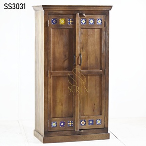 SUREN SPACE SS3031 Handmade Eco-Friendly Large Capacity Solid Wood Rustic Almirah <b>Cabinet</b> Flat Panel Doors Antique Design - Product Image 1