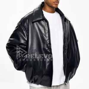 High Quality Custom Black Genuine <b>Leather</b> Bomber <b>Jacket</b> with Stand Collar Embroidery Patches for <b>Men</b> - Product Image 3