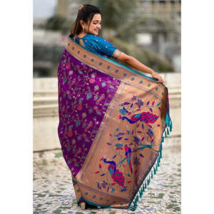 Sari en soie Paithani Jaal avec détails tissés Zari, tenue ethnique traditionnelle indienne et pakistanaise - Product Image 4