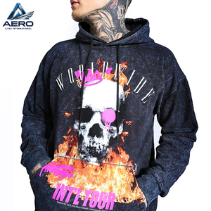 Meilleur produit 2026 pour la vente en gros : Sweat à capuche pour hommes, coupe oversize, vintage, délavé foncé, avec motif tête de mort et impression en relief flamme tour. - Product Image 6